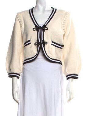 L’Agence Cropped Knit Cardigan Jacket - Cream with Black Trim